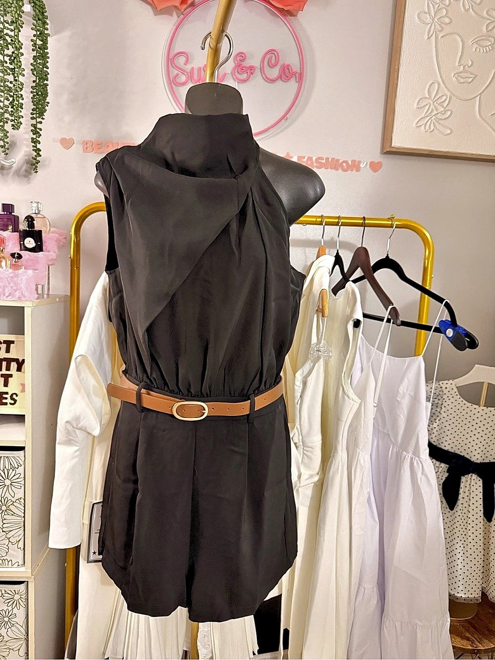 C'OMMENSE Asymmetric Sleeveless Belted Tailored Romper in Black Size